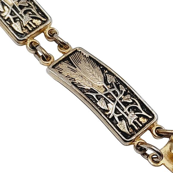 Vintage Wheat Themed Damascene Gold Tone Black Enamel Links Bracelet - 7 Inches - Picture 6 of 11